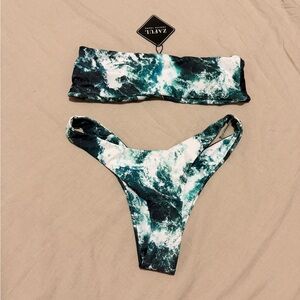 ZAFUL Teal White Ocean-Print Bandeau Bikini Set